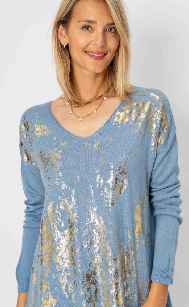 Blue sweater with gold