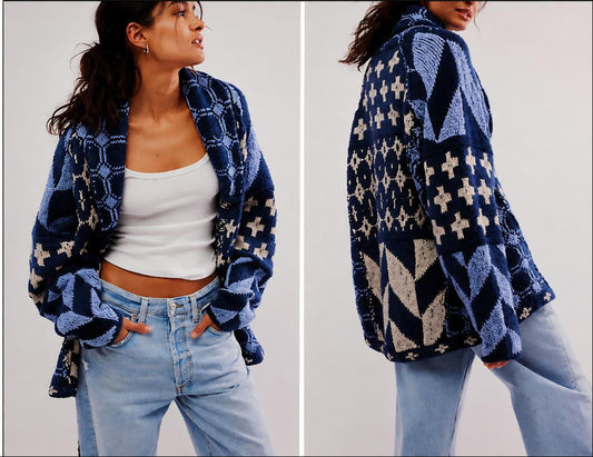 Blue mixed media cardigan