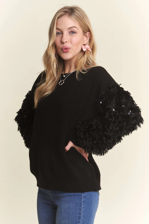 Black fur sleeve sweater