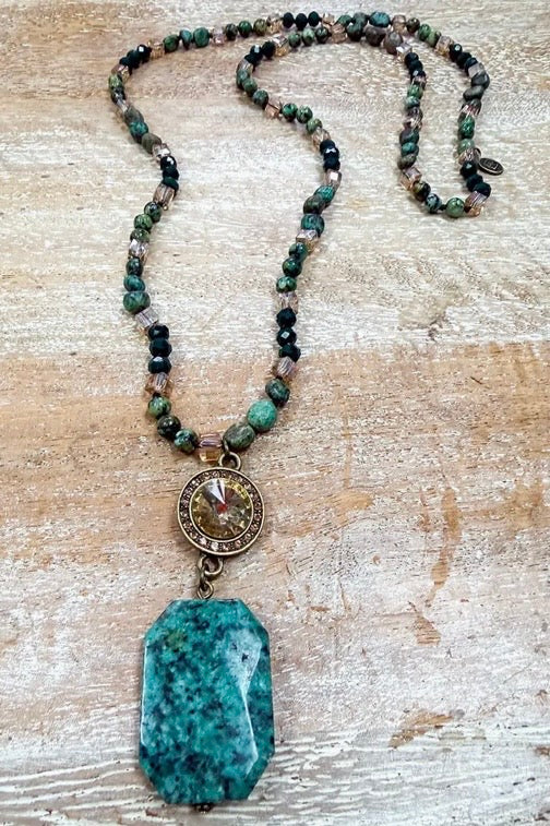 Long green bead necklace