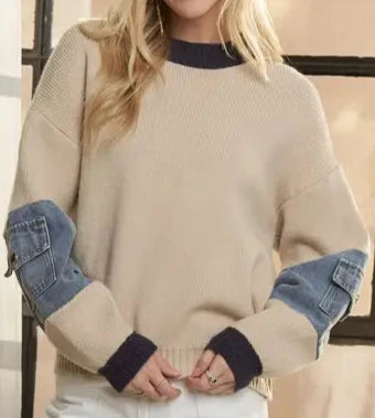 Denim sleeve sweater